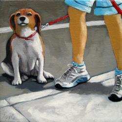 Beagle dog city walk figurative oil painting